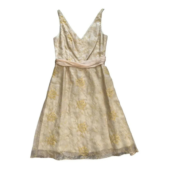Laundry by Shelli Segal Cream Gold Stitching Silk Cocktail Dress 8 - Picture 1 of 5